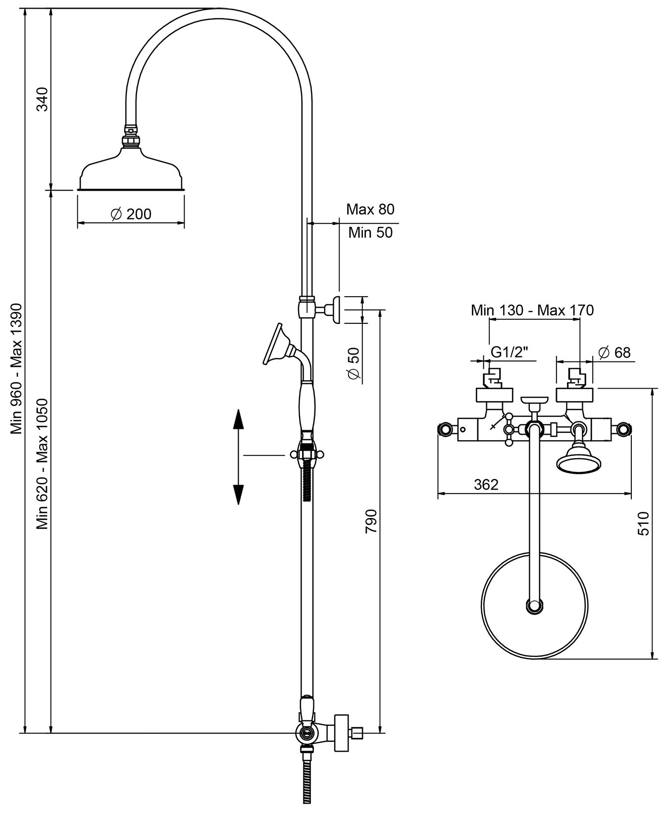 Rubinetterie Treemme 3M Old Italy Sogno IT 4495 CC SO ZZ Colonna Gruppo Doccia Multifunzione Miscelatore Termostatico Ottone Cromato 2 Leve Ceramica Bianca Doccetta Tonda Soffione Anticalcare Ø 200 mm Metallo Flessibile Stile Classico Montaggio Muro