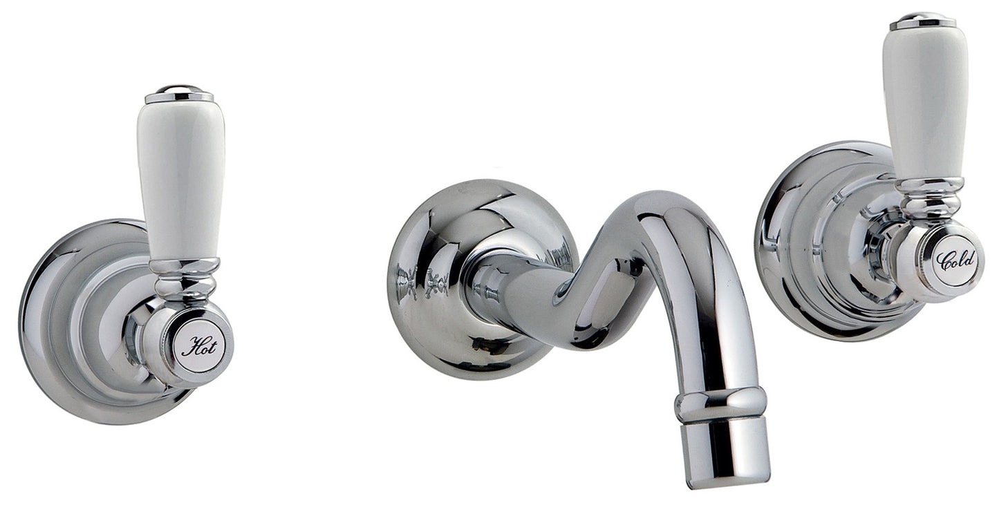 Rubinetterie Treemme 3M Old Italy Sogno RWIT 4460 CC 50 + RWIT 3A60 ZZ 02 Miscelatore Gruppo Lavabo a Muro 210 mm 2 Leve Ceramica Bianca 3 Fori Stile Classico Lunghezza 220 mm Ottone Cromato Parte Interna Incasso Esterna Incluse