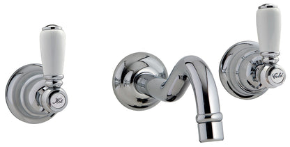 Rubinetterie Treemme 3M Old Italy Sogno RWIT 4460 CC 50 + RWIT 3A60 ZZ 02 Miscelatore Gruppo Lavabo a Muro 210 mm 2 Leve Ceramica Bianca 3 Fori Stile Classico Lunghezza 220 mm Ottone Cromato Parte Interna Incasso Esterna Incluse