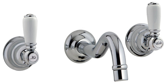 Rubinetterie Treemme 3M Old Italy Sogno RWIT 4460 CC 50 + RWIT 3A60 ZZ 02 Miscelatore Gruppo Lavabo a Muro 210 mm 2 Leve Ceramica Bianca 3 Fori Stile Classico Lunghezza 220 mm Ottone Cromato Parte Interna Incasso Esterna Incluse