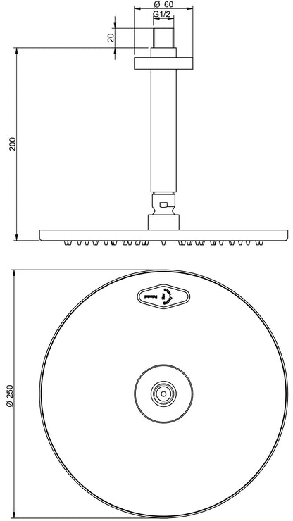 Rubinetterie Treemme 3M T30 IT 6587 CC ZZ VS Soffione Doccia A Soffitto Tondo In Metallo Diametro Ø 250 mm Anticalcare Con Braccio 200 mm Materiale Ottone Finitura Cromata