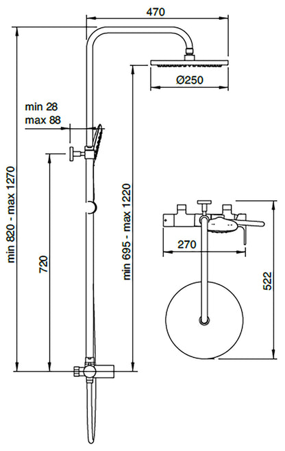 Rubinetterie Treemme 3M Termo S + Showers IT 5060 CC BM ZZ Colonna Gruppo Doccia Multifunzione Miscelatore Meccanico Doccetta Rotonda ABS Soffione Tondo Ø Diametro 250 mm Anticalcare Flessibile PVC 1,5 Metri Montaggio Muro Finitura Cromata