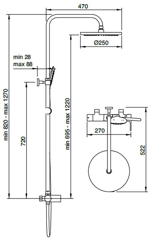 Rubinetterie Treemme 3M Termo S + Showers IT 5060 CC BM ZZ Colonna Gruppo Doccia Multifunzione Miscelatore Meccanico Doccetta Rotonda ABS Soffione Tondo Ø Diametro 250 mm Anticalcare Flessibile PVC 1,5 Metri Montaggio Muro Finitura Cromata