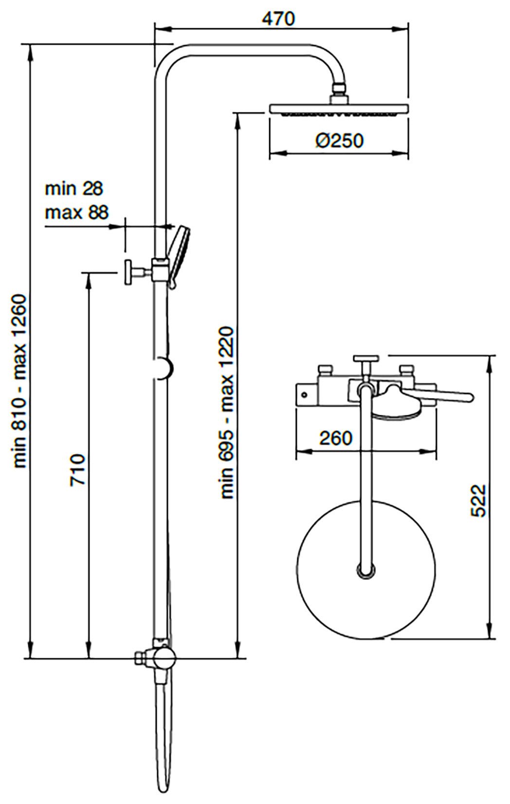 Rubinetterie Treemme 3M Termo S + Showers IT 6481 CC ZZ ZZ Colonna Gruppo Doccia Multifunzione Miscelatore Termostatico Doccetta Rotonda ABS Soffione Tondo Ø Diametro 250 mm Anticalcare Flessibile PVC 1,5 Metri Montaggio Muro Finitura Cromata