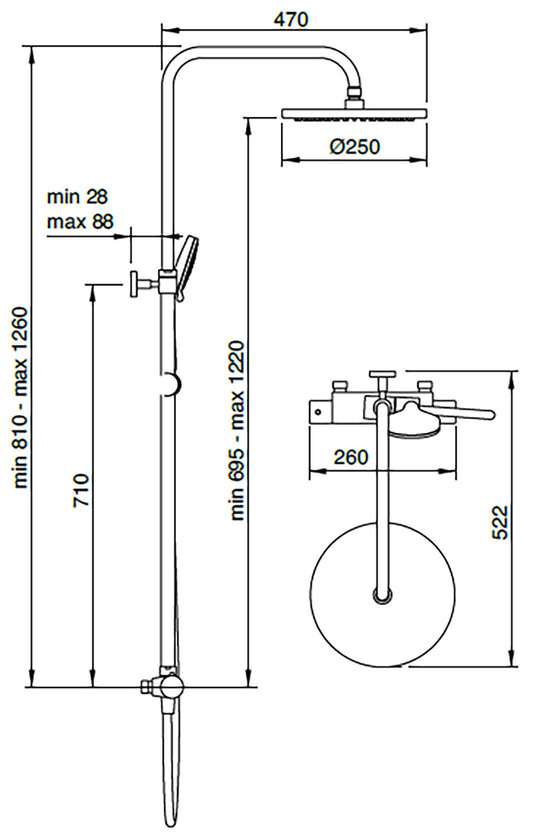 Rubinetterie Treemme 3M Termo S + Showers IT 6481 CC ZZ ZZ Colonna Gruppo Doccia Multifunzione Miscelatore Termostatico Doccetta Rotonda ABS Soffione Tondo Ø Diametro 250 mm Anticalcare Flessibile PVC 1,5 Metri Montaggio Muro Finitura Cromata