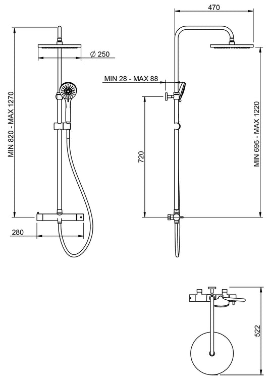 Rubinetterie Treemme 3M Termo S + Showers IT 5060 CC VL ZZ Colonna Gruppo Doccia Multifunzione Miscelatore Meccanico Deviatore Doccetta Rotonda ABS Soffione Tondo Ø Diametro 250 mm Anticalcare Flessibile PVC 1,5 Metri Montaggio Muro Finitura Cromata