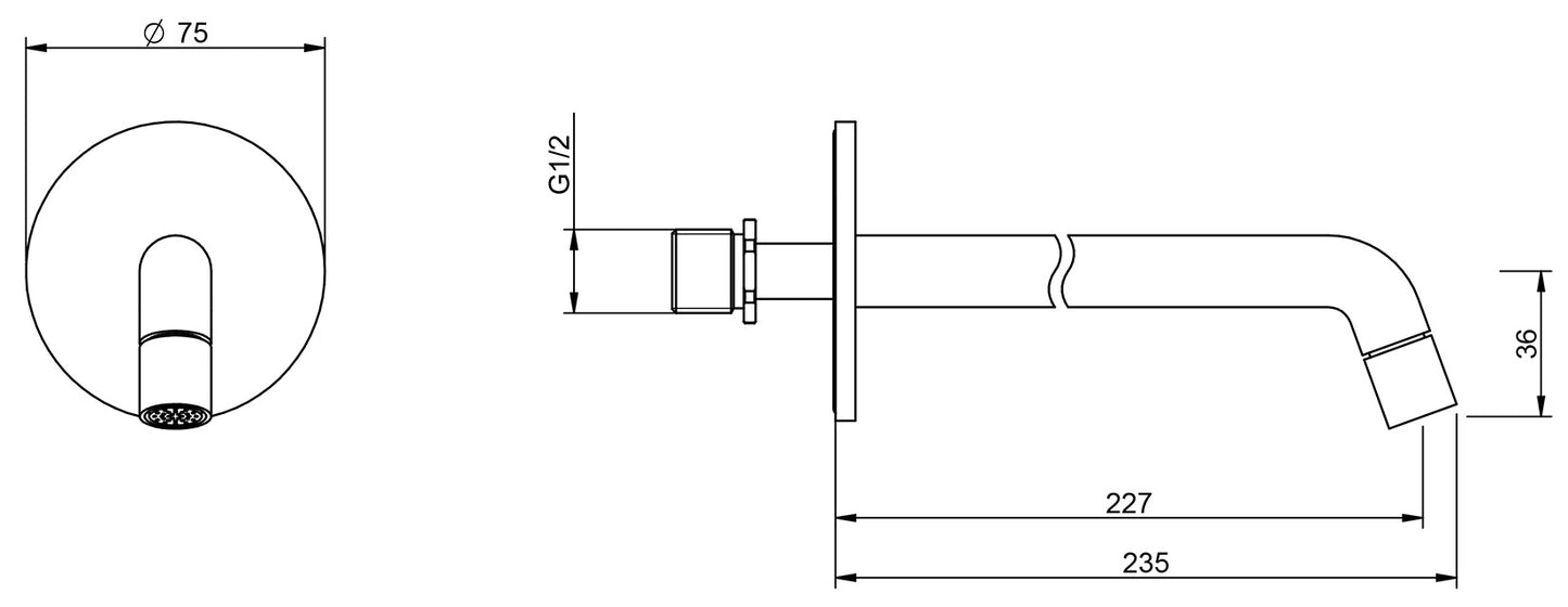 Rubinetterie Treemme Up+ Bocca a Muro 227 mm Getto di Erogazione Uscita Acqua Installazione a Parete Materiale Ottone Finitura Cromata Stile Moderno Monoforo Lunghezza 235 mm