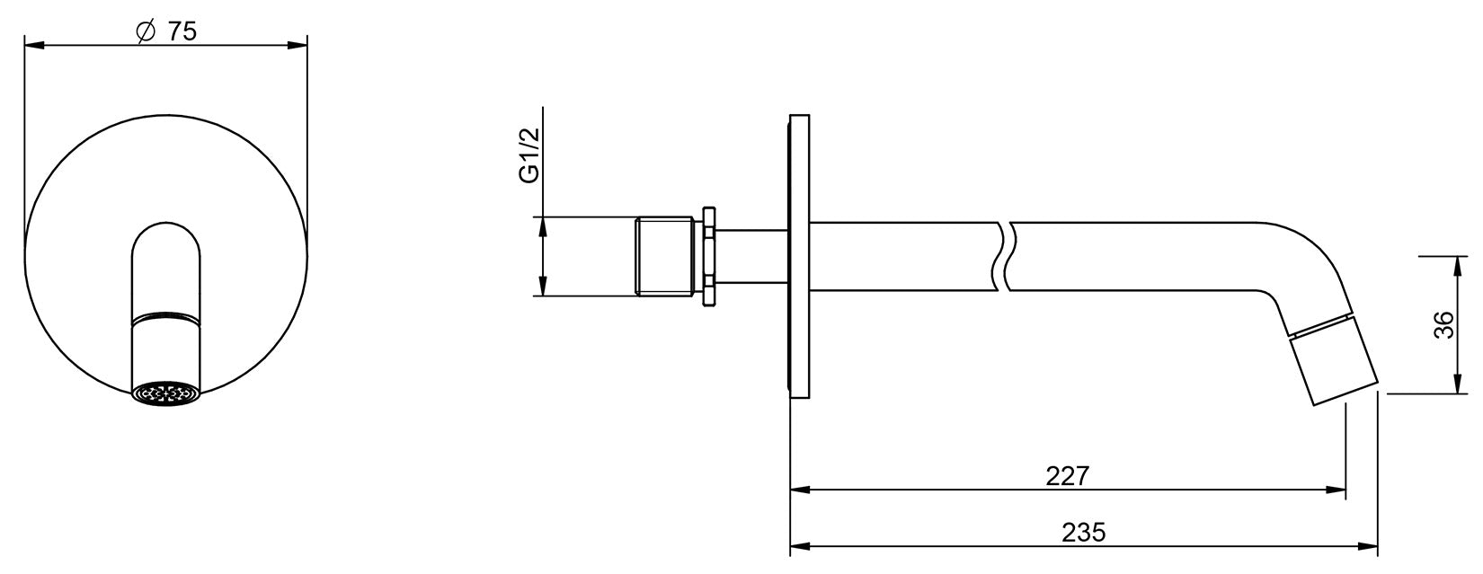 Rubinetterie Treemme Up+ Bocca a Muro 227 mm Getto di Erogazione Uscita Acqua Installazione a Parete Materiale Ottone Finitura Cromata Stile Moderno Monoforo Lunghezza 235 mm