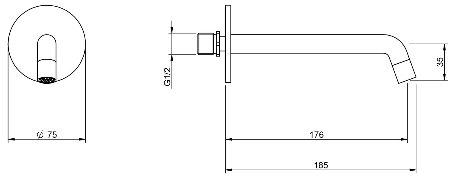 Rubinetterie Treemme Up+ Bocca a Muro 176 mm Getto di Erogazione Uscita Acqua Installazione a Parete Materiale Ottone Finitura Cromata Stile Moderno Monoforo Lunghezza 185 mm