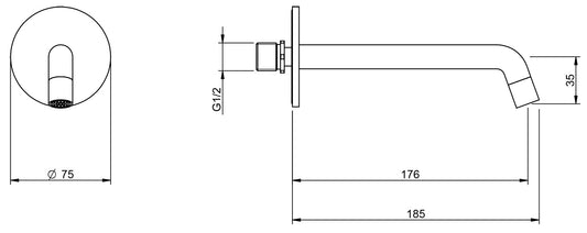 Rubinetterie Treemme Up+ Bocca a Muro 176 mm Getto di Erogazione Uscita Acqua Installazione a Parete Materiale Ottone Finitura Cromata Stile Moderno Monoforo Lunghezza 185 mm