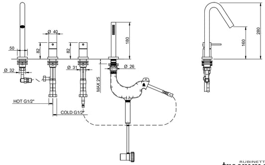 Rubinetterie Treemme Up+ Miscelatore Vasca Meccanico Bordo 4 Fori Con Doccetta Estraibile in Metallo Flessibile PVC Materiale Ottone Finitura Cromata 2 Leve Manopole Stile Moderno