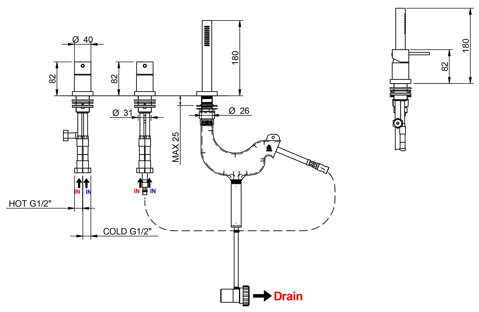 Rubinetterie Treemme Up+ Miscelatore Batteria Vasca Meccanico Bordo 3 Fori Con Doccetta Estraibile in Metallo Flessibile PVC Senza Bocca Materiale Ottone Finitura Cromata 2 Leve Manopole Stile Moderno
