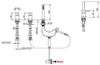 Rubinetterie Treemme Up+ Miscelatore Batteria Vasca Meccanico Bordo 3 Fori Con Doccetta Estraibile in Metallo Flessibile PVC Senza Bocca Materiale Ottone Finitura Cromata 2 Leve Manopole Stile Moderno
