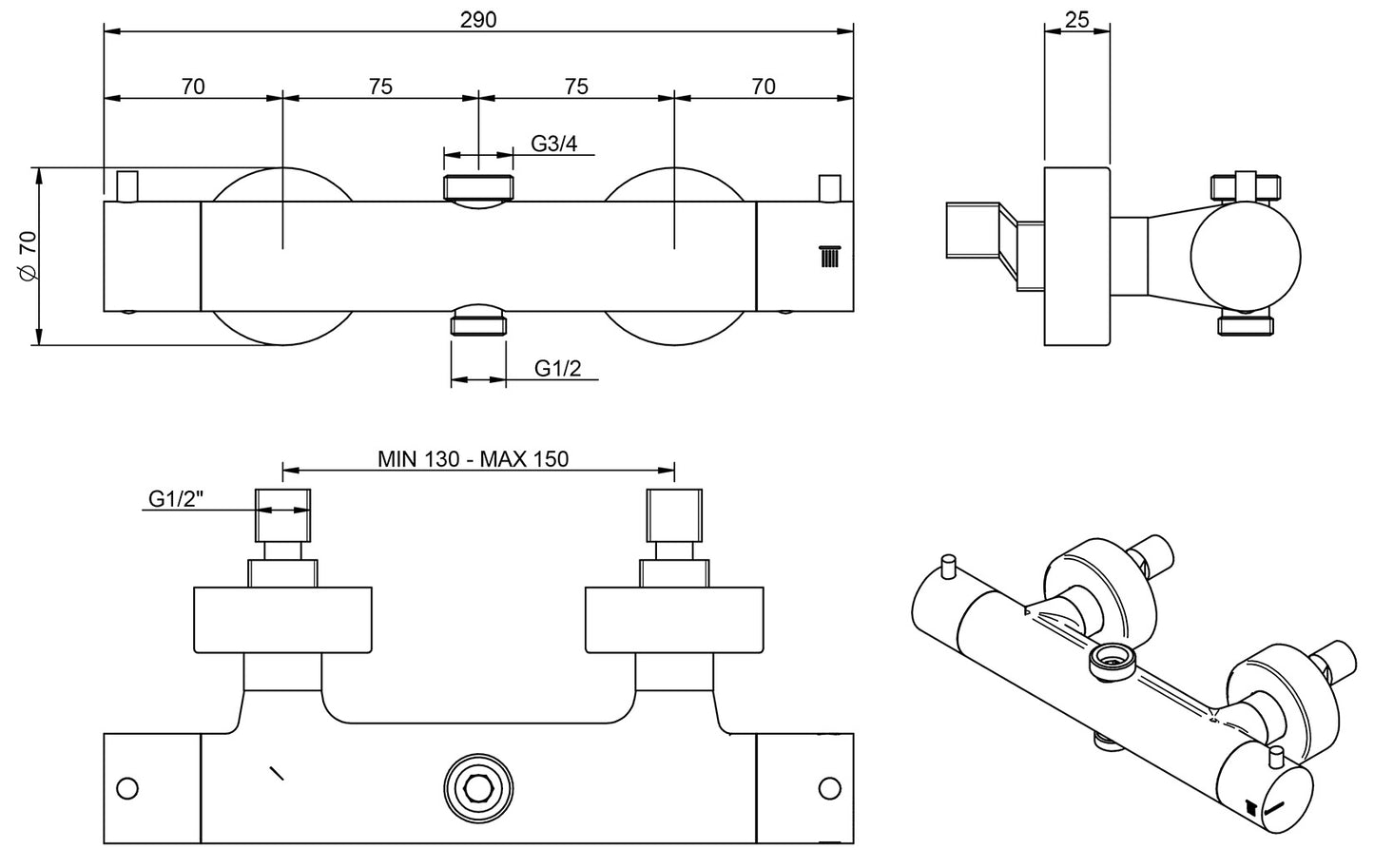 Rubinetterie Treemme UP+ Miscelatore Termostatico Esterno Doccia 3/4 - 1/2" Materiale Ottone Finitura Cromata"