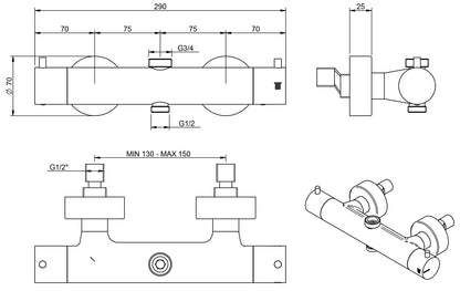 Rubinetterie Treemme UP+ Miscelatore Termostatico Esterno Doccia 3/4 - 1/2" Materiale Ottone Finitura Cromata"