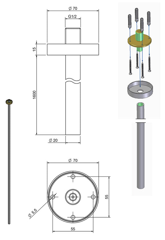 Rubinetterie Treemme UP+ Bocca Getto Erogazione Acqua Incasso A Soffitto 1600 mm Con Rosone Materiale Ottone Finitura Cromata