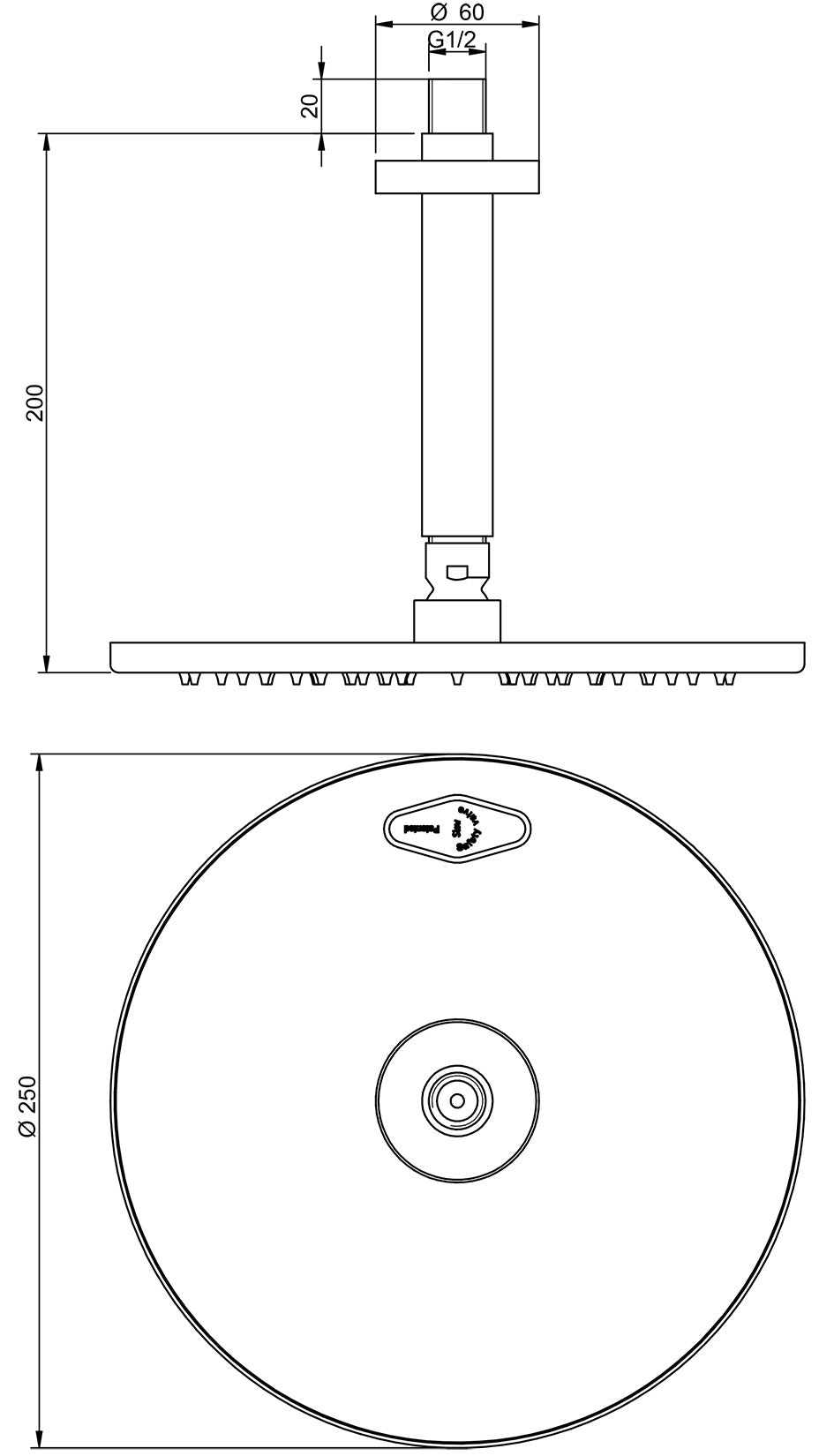 Rubinetterie Treemme UP+ Soffione Doccia A Soffitto Tondo In Metallo Diametro Ø 250 mm Anticalcare Con Braccio Doccia 200 mm Materiale Ottone Finitura Cromata