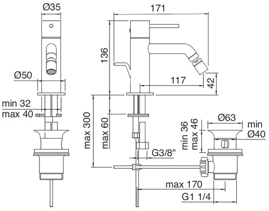 Rubinetterie Treemme UP+ Miscelatore Monocomando Bidet Areatore Orientabile Con Piletta Di Scarico Automatico Materiale Ottone Finitura Cromata