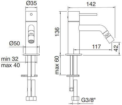 Rubinetterie Treemme Up+ Miscelatore Bidet Appoggio Monocomando 1 Leva Monoforo Materiale Ottone Finitura Cromato Stile Moderno Senza Piletta Di Scarico Altezza 136 mm Lunghezza 142 mm