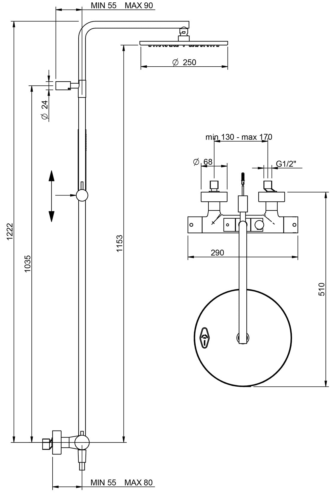 Rubinetterie Treemme UP+ Gruppo Colonna Doccia Attrezzata Multifunzione Miscelatore Termostatico Materiale Ottone Finitura Cromata Con Doccetta E Soffione Anticalcare In Metallo Misura Ø Diametro 250 mm