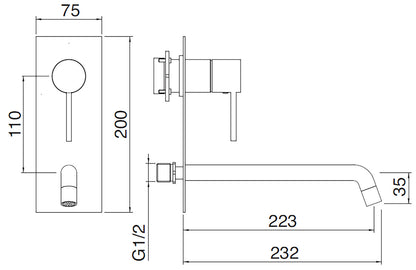 Rubinetterie Treemme Up+ Miscelatore Lavabo 223 Incasso Muro Con Piastra Posizione Verticale Monocomando 1 Leva Parte Interna Esterna Incluse 2 Fori Materiale Ottone Finitura Cromato Stile Moderno Lunghezza 232 mm