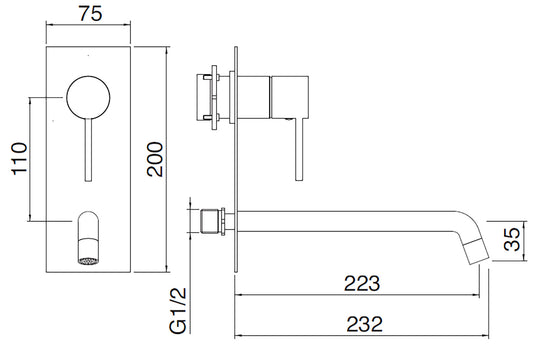 Rubinetterie Treemme Up+ Miscelatore Lavabo 223 Incasso Muro Con Piastra Posizione Verticale Monocomando 1 Leva Parte Interna Esterna Incluse 2 Fori Materiale Ottone Finitura Cromato Stile Moderno Lunghezza 232 mm