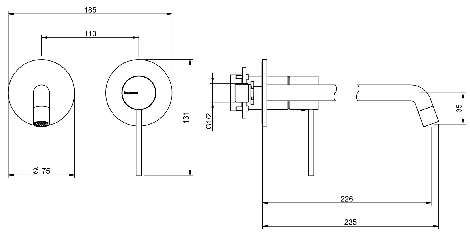 Rubinetterie Treemme UP+ Miscelatore Monocomando Lavabo Incasso 226 mm Senza Piastra Materiale Ottone Finitura Cromata