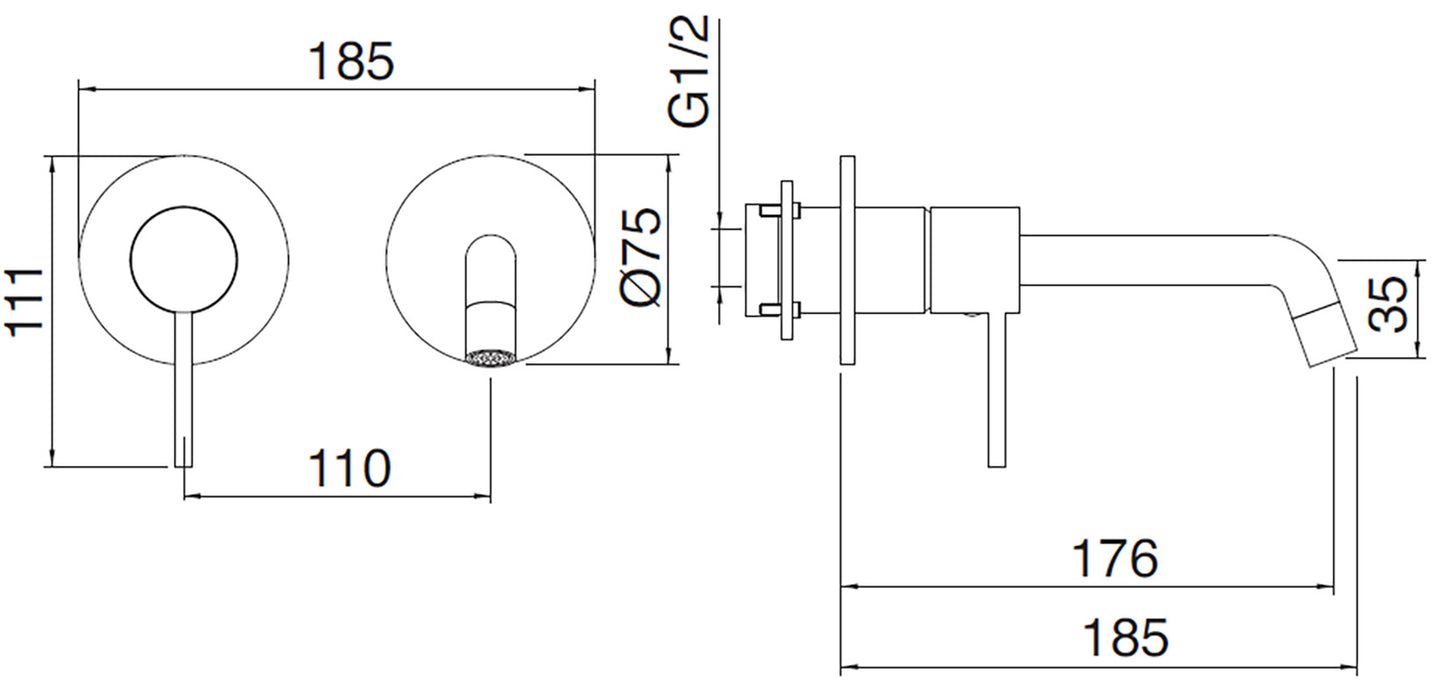 Rubinetterie Treemme Up+ Miscelatore Lavabo 176 Incasso Muro Senza Piastra Monocomando 1 Leva Parte Interna Esterna Incluse 2 Fori Materiale Ottone Finitura Cromato Stile Moderno Lunghezza 185 mm