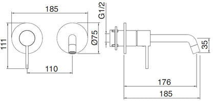 Rubinetterie Treemme Up+ Miscelatore Lavabo 176 Incasso Muro Senza Piastra Monocomando 1 Leva Parte Interna Esterna Incluse 2 Fori Materiale Ottone Finitura Cromato Stile Moderno Lunghezza 185 mm