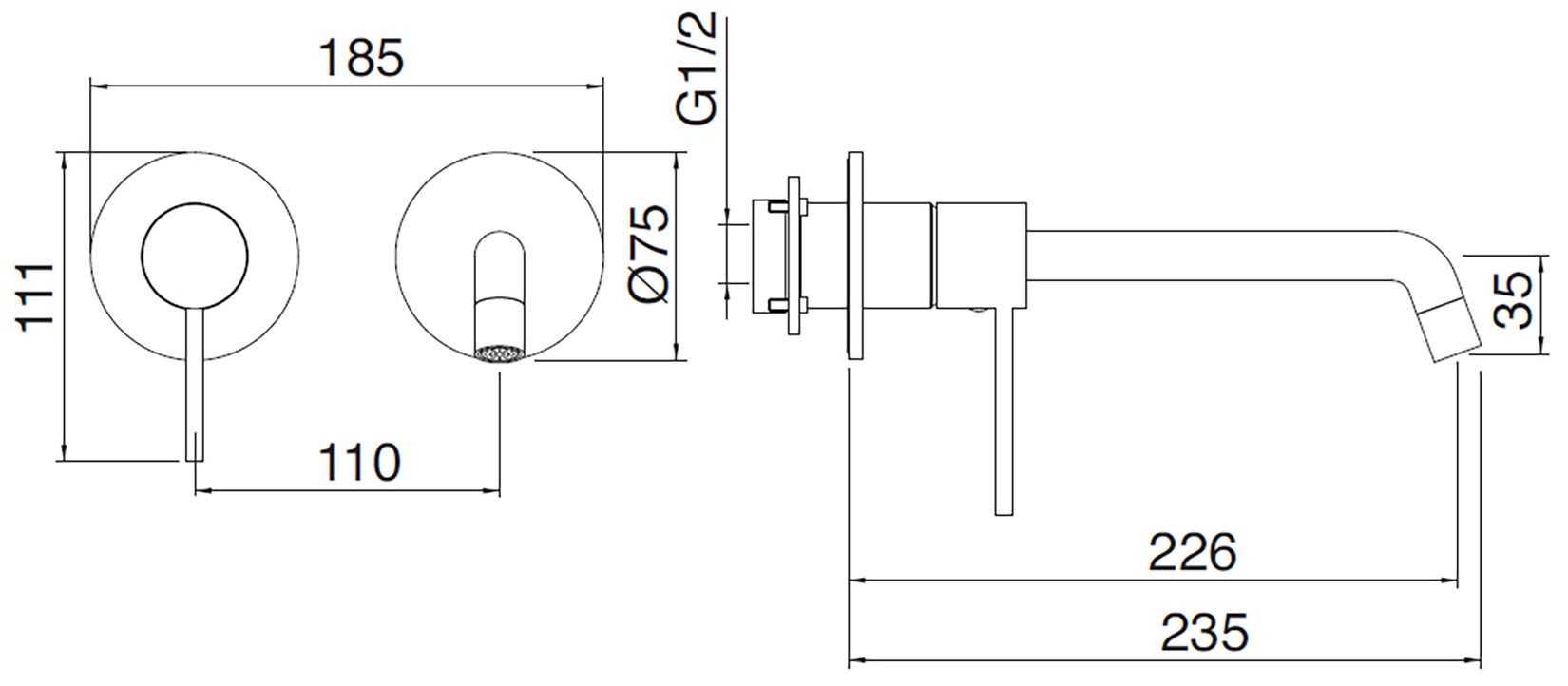 Rubinetterie Treemme Up+ Miscelatore Lavabo 226 Incasso Muro Senza Piastra Monocomando 1 Leva Parte Interna Esterna Incluse 2 Fori Materiale Ottone Finitura Cromato Stile Moderno Lunghezza 235 mm