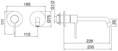 Rubinetterie Treemme Up+ Miscelatore Lavabo 226 Incasso Muro Senza Piastra Monocomando 1 Leva Parte Interna Esterna Incluse 2 Fori Materiale Ottone Finitura Cromato Stile Moderno Lunghezza 235 mm