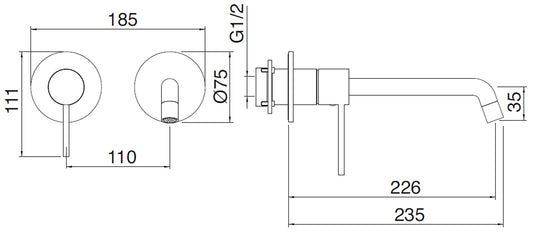 Rubinetterie Treemme Up+ Miscelatore Lavabo 226 Incasso Muro Senza Piastra Monocomando 1 Leva Parte Interna Esterna Incluse 2 Fori Materiale Ottone Finitura Cromato Stile Moderno Lunghezza 235 mm