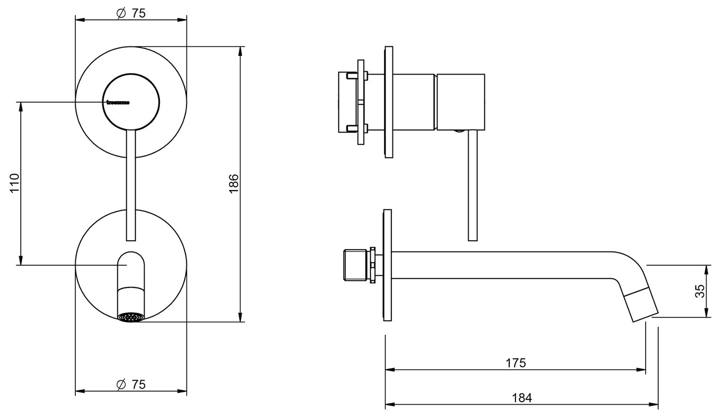 Rubinetterie Treemme Up+ Miscelatore Lavabo 175 Incasso Muro Senza Piastra Posizione Verticale Monocomando 1 Leva Parte Interna Esterna Incluse 2 Fori Materiale Ottone Finitura Cromato Stile Moderno Lunghezza 184 mm