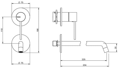 Rubinetterie Treemme Up+ Rubinetto Lavabo 225 Incasso Muro Senza Piastra Posizione Verticale Monocomando 1 Leva Parte Interna Esterna Incluse 2 Fori Materiale Ottone Finitura Cromato Stile Moderno Lunghezza 234 mm