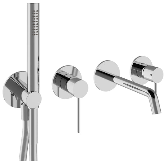 Rubinetterie Treemme Up+ Miscelatore Vasca / Doccia Meccanico Incasso A Muro Parte Interna Esterna Inclusa 4 Fori Senza Piastra Materiale Ottone Finitura Cromata Monocomando 2 Leve Manopole Stile Moderno Doccetta Metallo Flessibile PVC