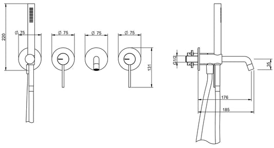 Rubinetterie Treemme Up+ Miscelatore Vasca / Doccia Meccanico Incasso A Muro Parte Interna Esterna Inclusa 4 Fori Senza Piastra Materiale Ottone Finitura Cromata Monocomando 2 Leve Manopole Stile Moderno Doccetta Metallo Flessibile PVC