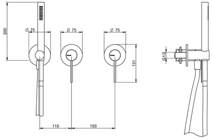 Rubinetterie Treemme Up+ Miscelatore Vasca / Doccia Meccanico Incasso A Muro Parte Interna Esterna Inclusa 3 Fori Senza Piastra Materiale Ottone Finitura Cromata Monocomando 2 Leve Manopole Stile Moderno Doccetta Metallo Flessibile PVC