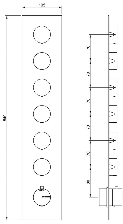 Rubinetterie Treemme Up+ Miscelatore Doccia 6 Uscite Termostatico Incasso A Muro Parte Interna e Esterna Incluse Materiale Ottone Finitura Cromata 7 Fori Monocomando 1 Leva Stile Moderno Con Piastra