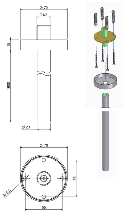 Rubinetterie Treemme X-CHANGE_mono Bocca a Soffitto Con Rosone Forma Tonda Getto di Erogazione Uscita Acqua Materiale Ottone Finitura Cromata Stile Moderno Lunghezza 1600 mm