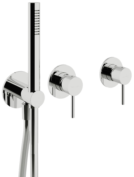 Rubinetterie Treemme X-CHANGE_mono Miscelatore Vasca / Doccia Meccanico Incasso A Muro Parte Interna Esterna Inclusa 3 Fori Senza Piastra Materiale Ottone Finitura Cromata Monocomando 2 Leve Forma Tonda Stile Moderno Doccetta Metallo Flessibile PVC