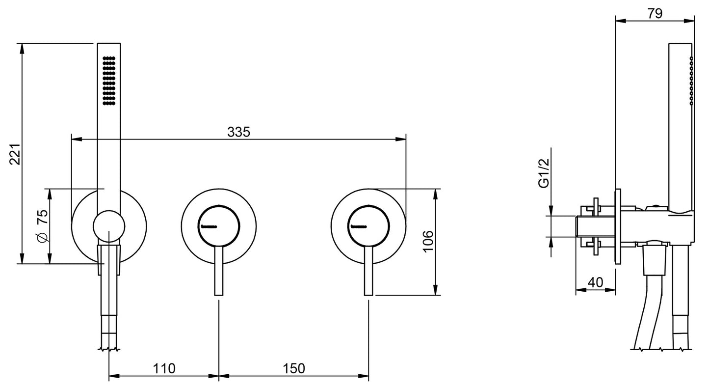Rubinetterie Treemme X-CHANGE_mono Miscelatore Vasca / Doccia Meccanico Incasso A Muro Parte Interna Esterna Inclusa 3 Fori Senza Piastra Materiale Ottone Finitura Cromata Monocomando 2 Leve Forma Tonda Stile Moderno Doccetta Metallo Flessibile PVC