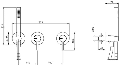 Rubinetterie Treemme X-CHANGE_mono Miscelatore Vasca / Doccia Meccanico Incasso A Muro Parte Interna Esterna Inclusa 3 Fori Senza Piastra Materiale Ottone Finitura Cromata Monocomando 2 Leve Forma Tonda Stile Moderno Doccetta Metallo Flessibile PVC