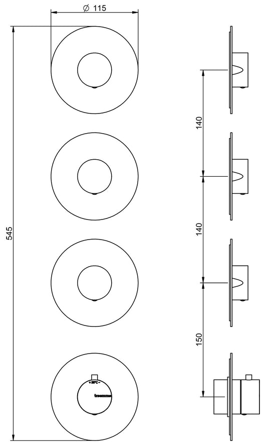 Rubinetterie Treemme X-CHANGE_mono Miscelatore Doccia 3 Uscite Termostatico Incasso A Muro Parte Interna e Esterna Incluse Materiale Ottone Finitura Cromata 4 Fori Monocomando 1 Leva Forma Tonda Stile Moderno Senza Piastra