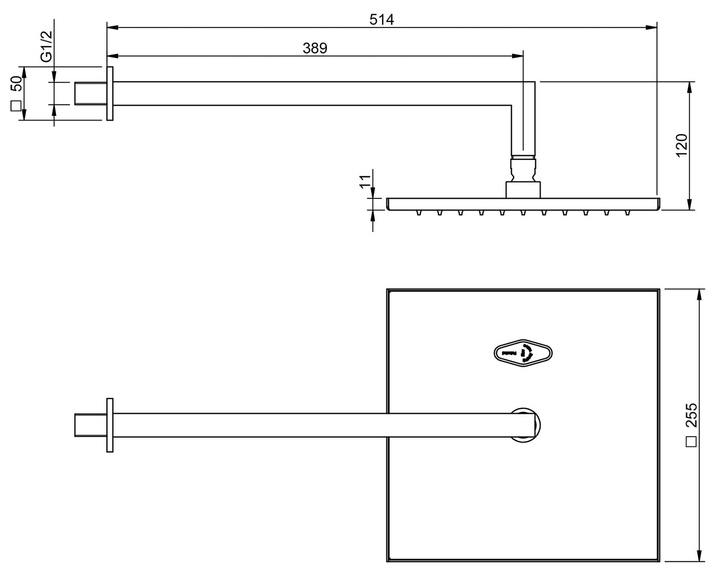 Rubinetterie Treemme SHOWERS & THERMOSTATICS Soffione Doccia A Parete Quadro In Metallo 255x255 mm Anticalcare Con Braccio Doccia 389 mm Materiale Ottone Finitura Cromata