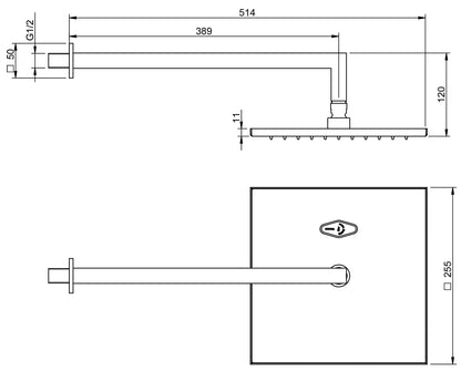 Rubinetterie Treemme SHOWERS & THERMOSTATICS Soffione Doccia A Parete Quadro In Metallo 255x255 mm Anticalcare Con Braccio Doccia 389 mm Materiale Ottone Finitura Cromata