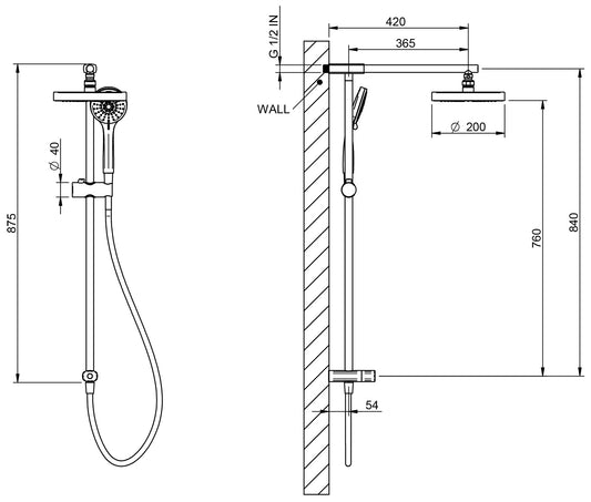 Rubinetterie Treemme 3M Zip IT 6370 CC ZZ ZZ Colonna Gruppo Doccia Multifunzione Con Deviatore Presa Acqua Alta Doccetta Rotonda ABS Flessibile PVC 1,5 Metri Soffione Tondo Ø Diametro 200 mm Montaggio Muro Finitura Cromata