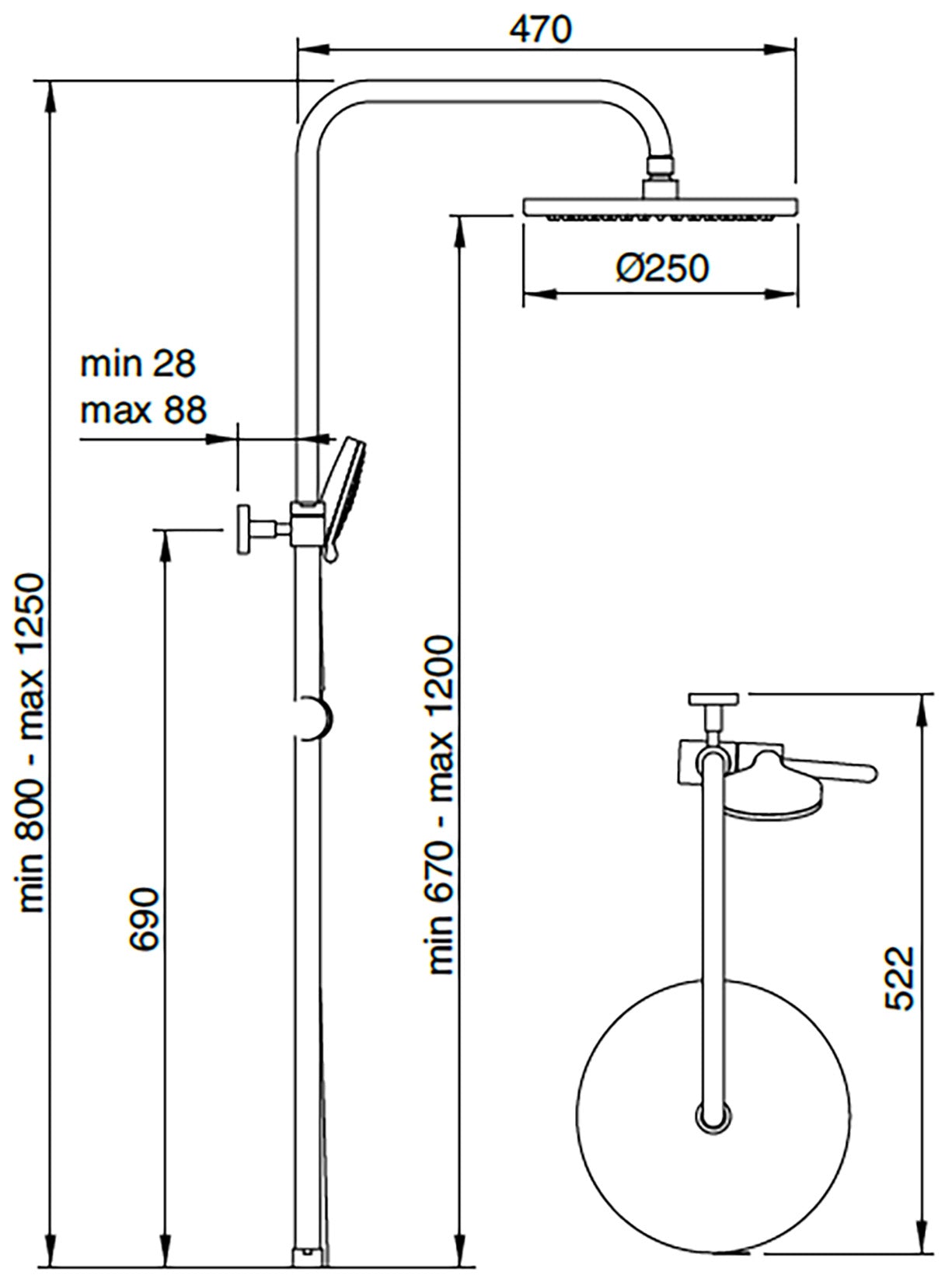 Rubinetterie Treemme 3M Zip RWIT 5060 CC 01 Colonna Gruppo Doccia Multifunzione Con Saliscendi Doccetta Rotonda ABS Flessibile PVC 1,5 Metri Soffione Tondo Ø Diametro 250 mm Montaggio Muro Finitura Cromata