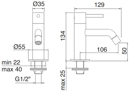 Rubinetterie Treemme Up+ Rubinetto Lavabo Solo Acqua Fredda Appoggio Monocomando 1 Leva Monoforo Materiale Ottone Finitura Cromato Stile Moderno Altezza 134 mm Lunghezza 129 mm