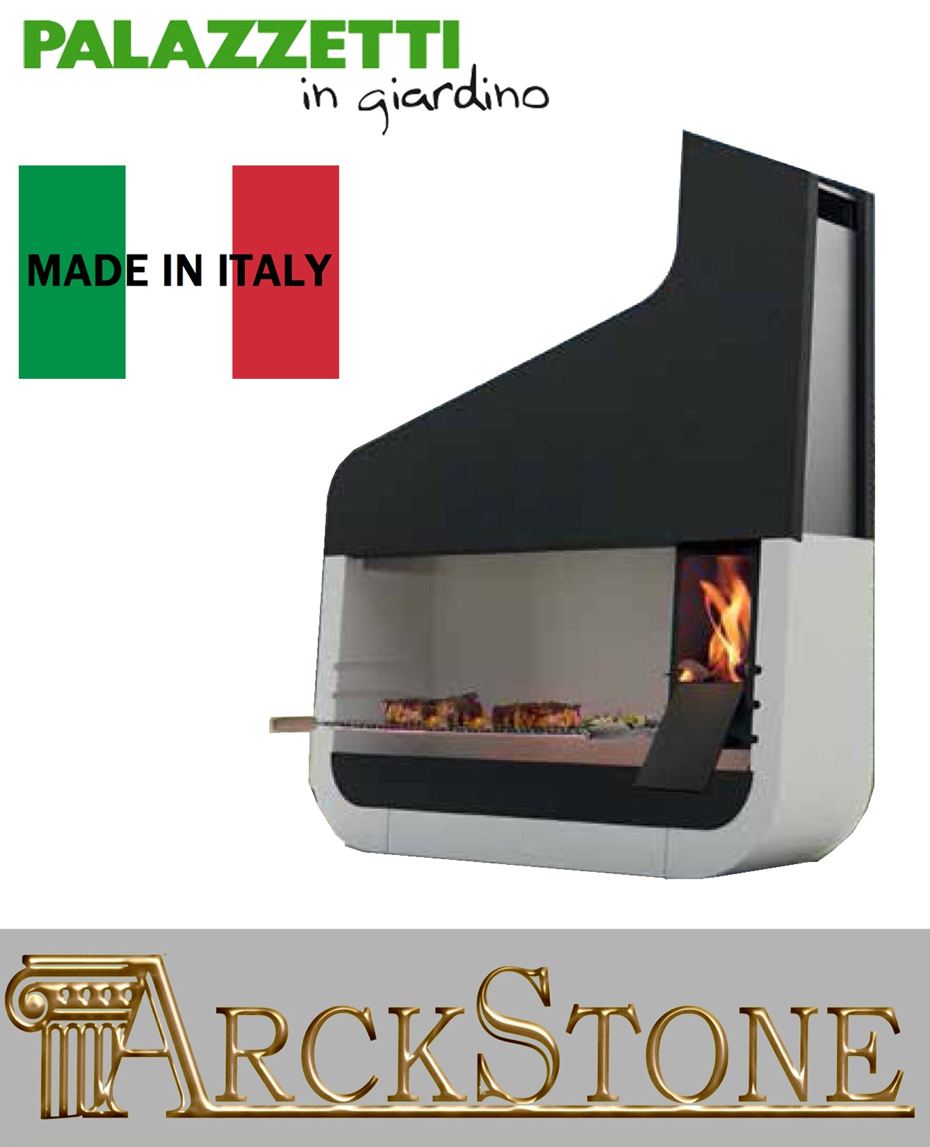 Barbecue Palazzetti in Giardino UP Versione Con Portalegna Porta Legna Carbonelle Carboni Braciere Laterale Sistema Fast Fire Box Cassetto Cenere Focolare Marmotech Bianco Cappa Nero Acciaio Inox Griglia Cottura 109x50x138H CM Incluso di Kit di Montaggio