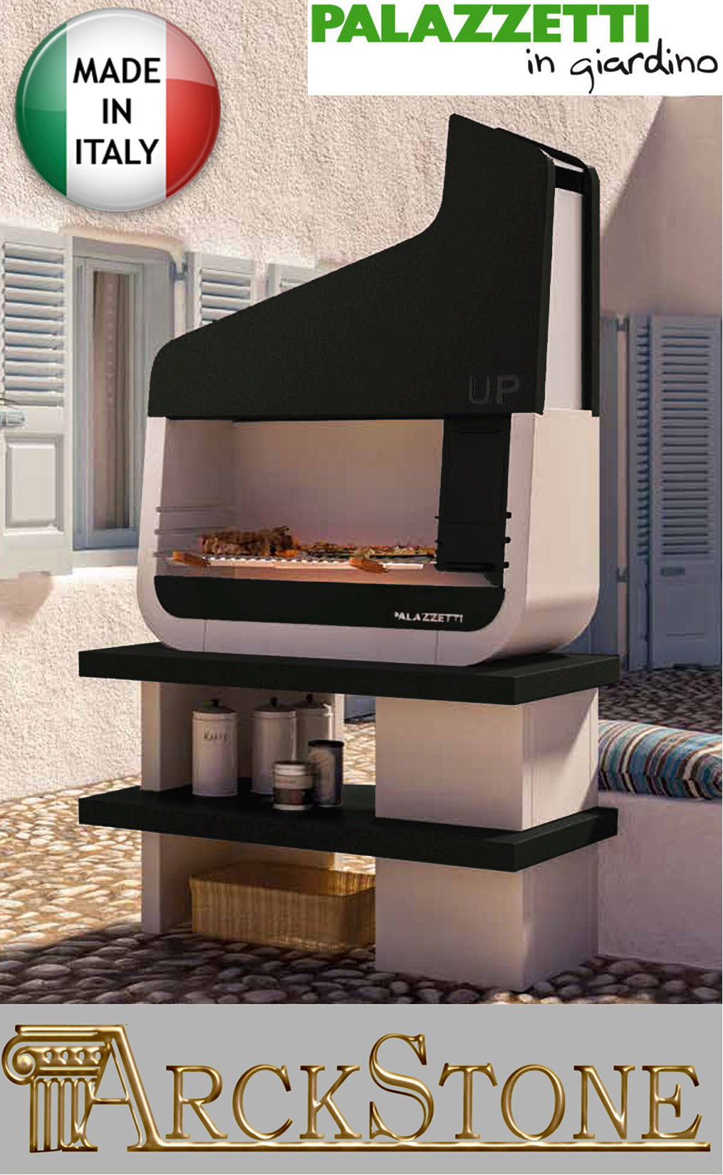 Palazzetti in Giardino UP Versione Con Portalegna Con 1 Basamento Barbecue Porta Legna Carbonelle Carboni Braciere Laterale Sistema Fast Fire Box Cassetto Cenere Focolare Cappa Nero Acciaio Inox Griglia Cottura 109x50x216H CM Incluso di Kit di Montaggio